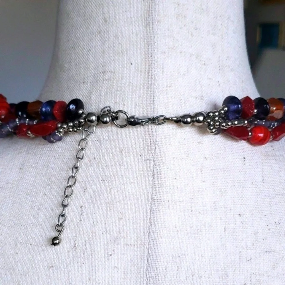 Multi‎ Strand Beaded Statement Necklace Red Amber Navy Boho Layered Jewelry